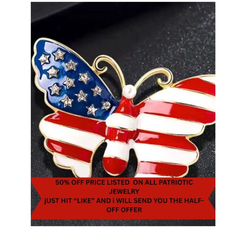 NWT USA Flag Butterfly Brooch Rhinestones Glossy Enamel